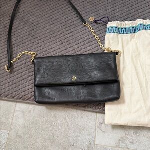 Tory Burch Black Leather Shoulder Bag with Gold Chain